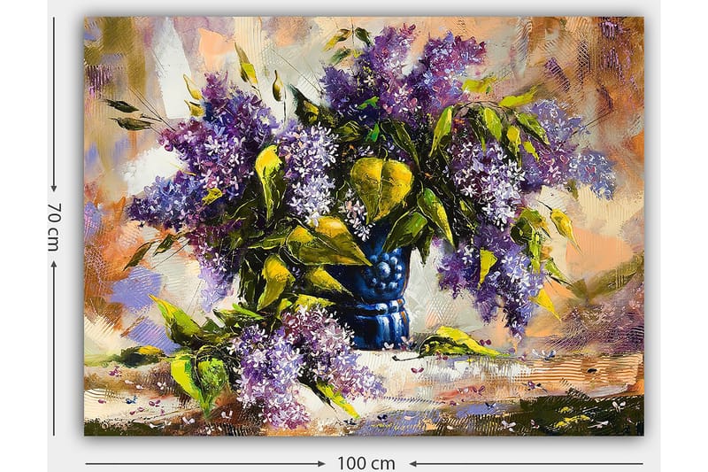 Lerretsbilde 70x100 cm - Vakker bukett med lilla blomster i en blå vase - Lilla / Grønn / Blå - Innredning - Bilder & kunst - Lerretsbilder