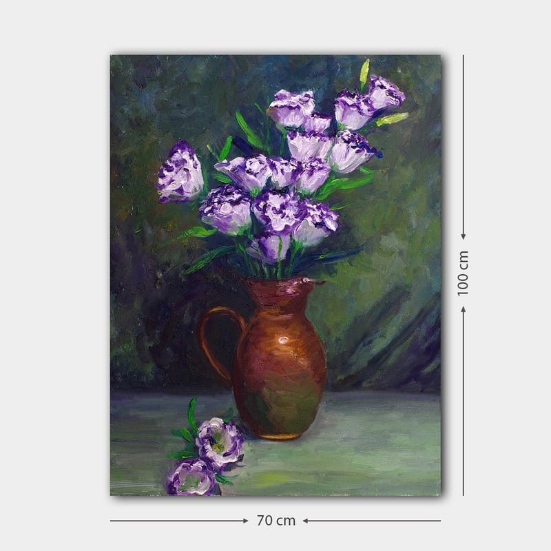 Lerretsbilde 70x100 cm - Vakker bukett med lilla blomster i en brun potte - Lilla / Grønn / Brun - Innredning - Bilder & kunst - Lerretsbilder