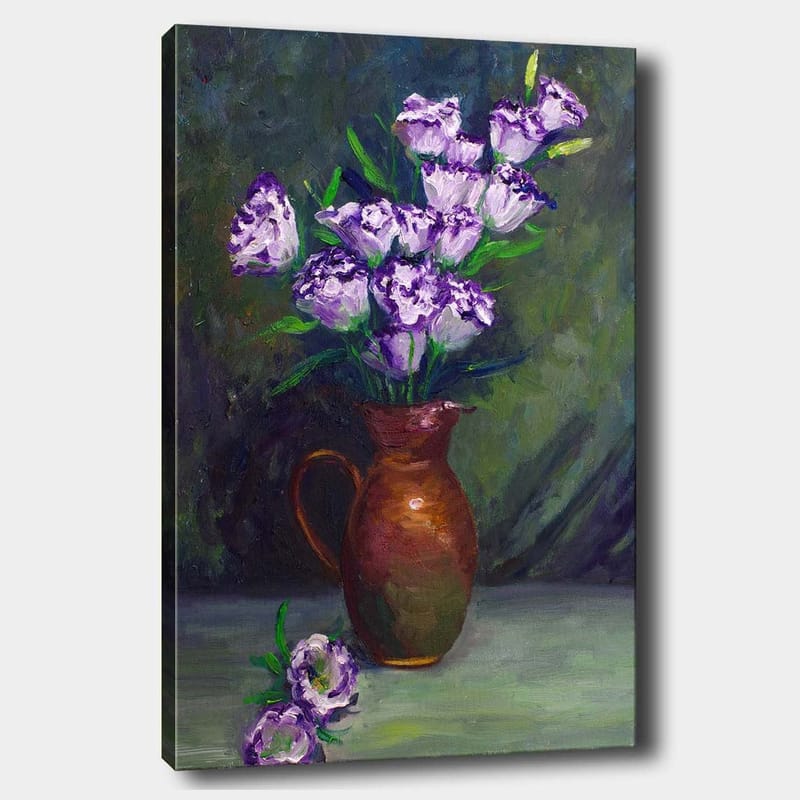 Lerretsbilde 70x100 cm - Vakker bukett med lilla blomster i en brun potte, Lilla / Grønn / Brun