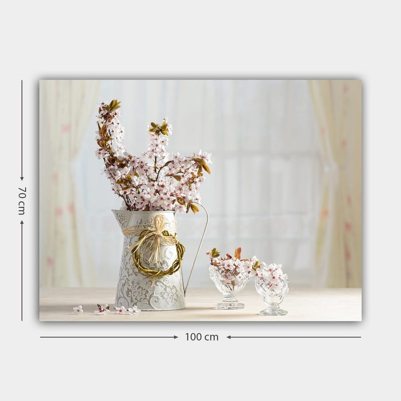 Lerretsbilde 70x100 cm - Vakker bukett med rosa blomster i en dekorativ mugge - Rosa / Grønn / Hvit - Innredning - Bilder & kunst - Lerretsbilder