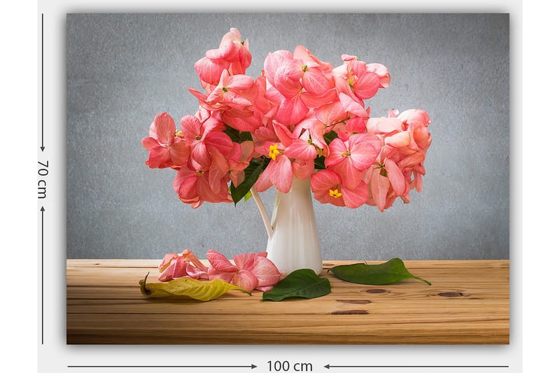 Lerretsbilde 70x100 cm - Vakker bukett med rosa blomster i en hvit vase - Rosa / Grønn / Gul - Innredning - Bilder & kunst - Lerretsbilder