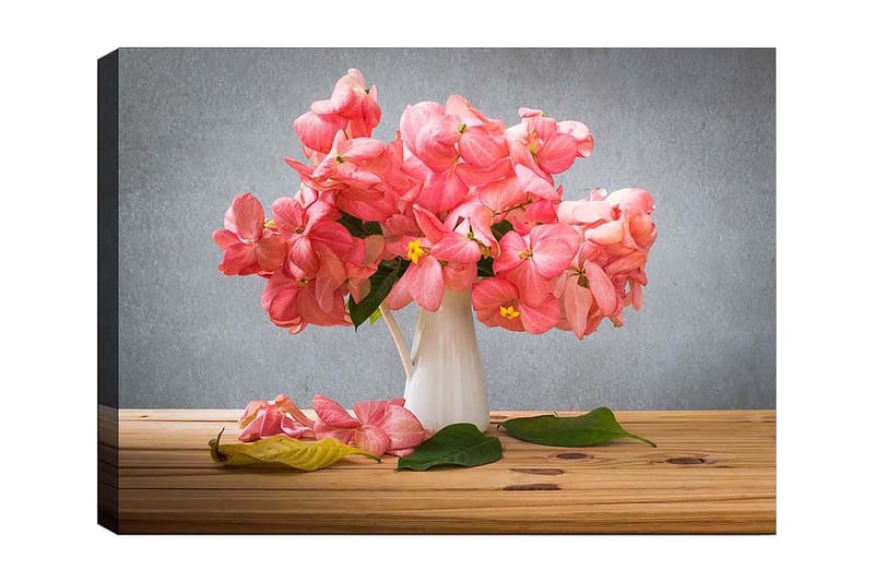 Lerretsbilde 70x100 cm - Vakker bukett med rosa blomster i en hvit vase, Rosa / Grønn / Gul