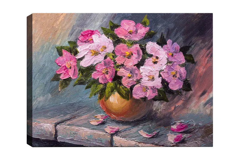 Lerretsbilde 70x100 cm - Vakker bukett med rosa blomster i en rund vase, Rosa / Grønn / Beige