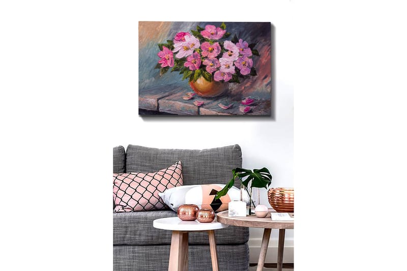 Lerretsbilde 70x100 cm - Vakker bukett med rosa blomster i en rund vase - Rosa / Grønn / Beige - Innredning - Bilder & kunst - Lerretsbilder