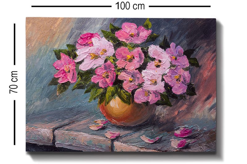 Lerretsbilde 70x100 cm - Vakker bukett med rosa blomster i en rund vase - Rosa / Grønn / Beige - Innredning - Bilder & kunst - Lerretsbilder