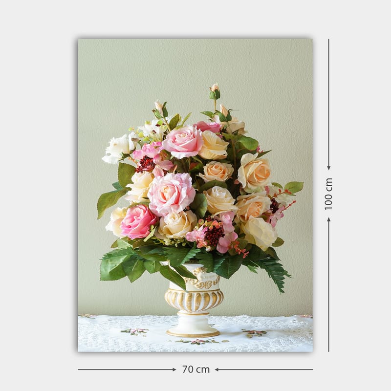 Lerretsbilde 70x100 cm - Vakker bukett med rosa og gule roser i en dekorativ vase - Rosa / Gul / Grønn - Innredning - Bilder & kunst - Lerretsbilder
