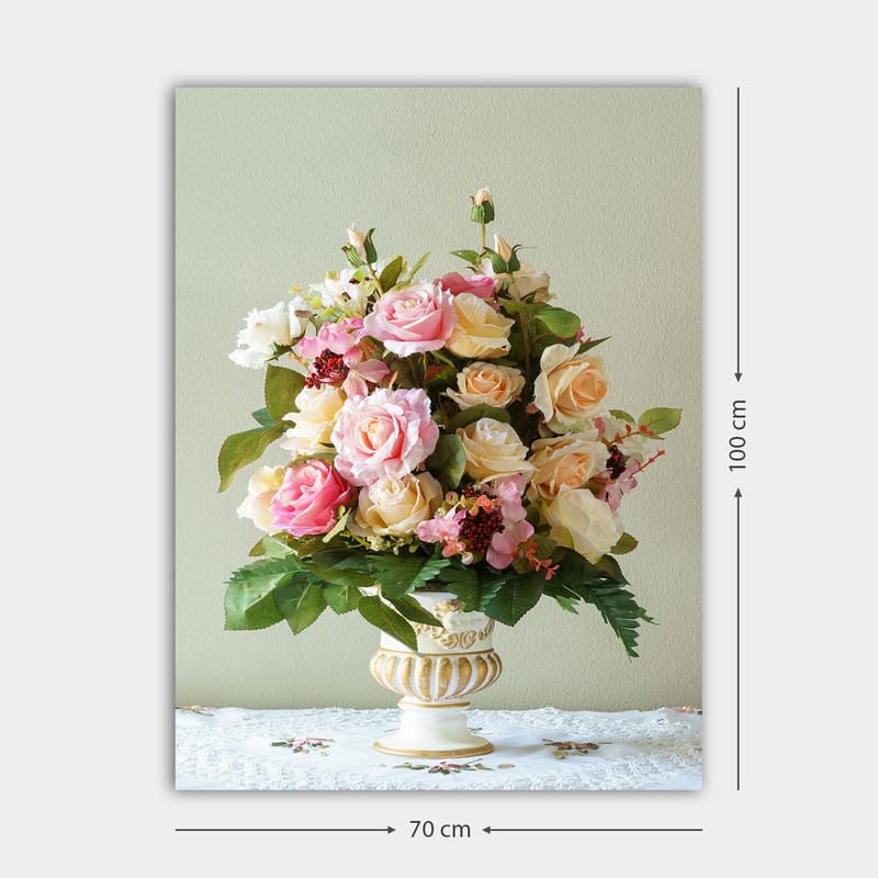 Lerretsbilde 70x100 cm - Vakker bukett med rosa og gule roser i en dekorativ vase - Rosa / Gul / Grønn - Innredning - Bilder & kunst - Lerretsbilder