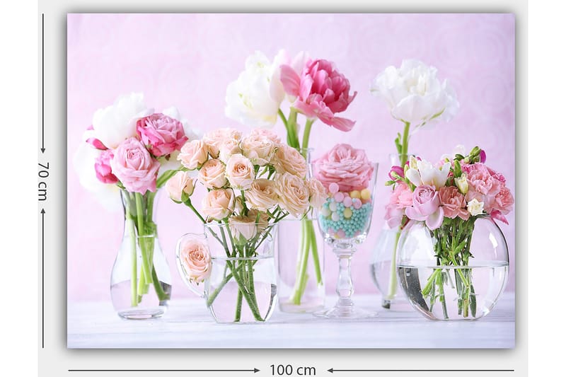 Lerretsbilde 70x100 cm - Vakker bukett med rosa og hvite blomster i forskjellige glassvaser - Rosa / Hvit / Grønn - Innredning - Bilder & kunst - Lerretsbilder