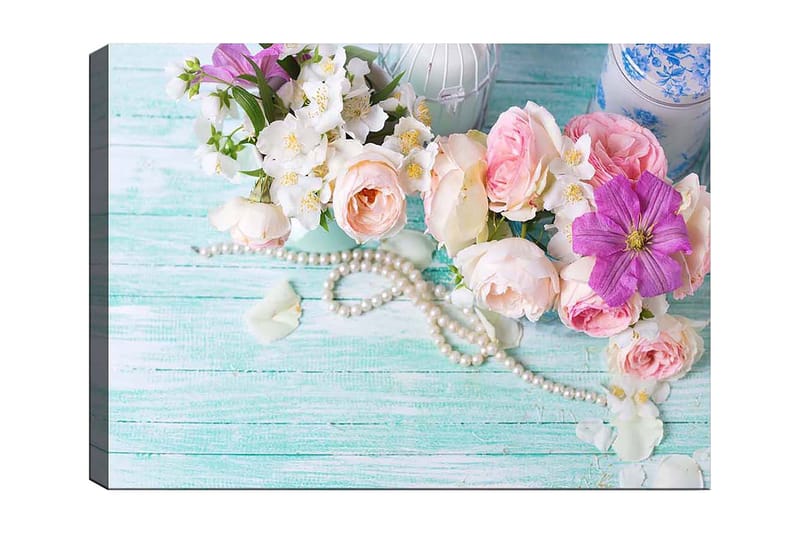 Lerretsbilde 70x100 cm - Vakker bukett med rosa og lilla blomster sammen med perler på en lysegrønn bakgrunn - Rosa / Lilla / Hvit - Innredning - Bilder & kunst - Lerretsbilder