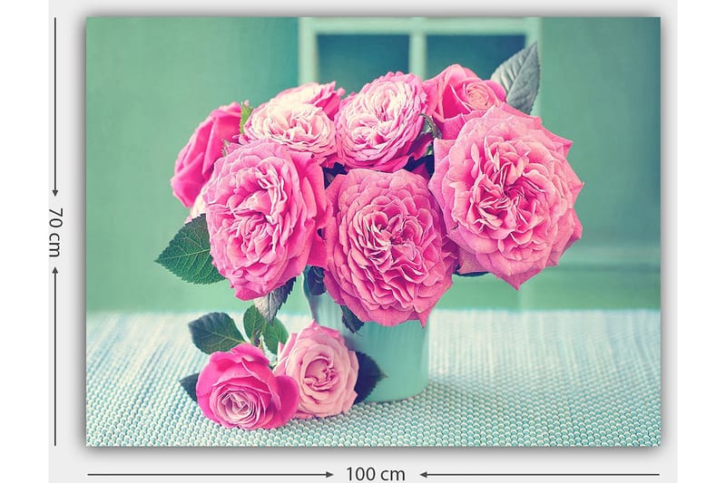 Lerretsbilde 70x100 cm - Vakker bukett med rosa roser i en lys vase - Rosa / Grønn - Innredning - Bilder & kunst - Lerretsbilder