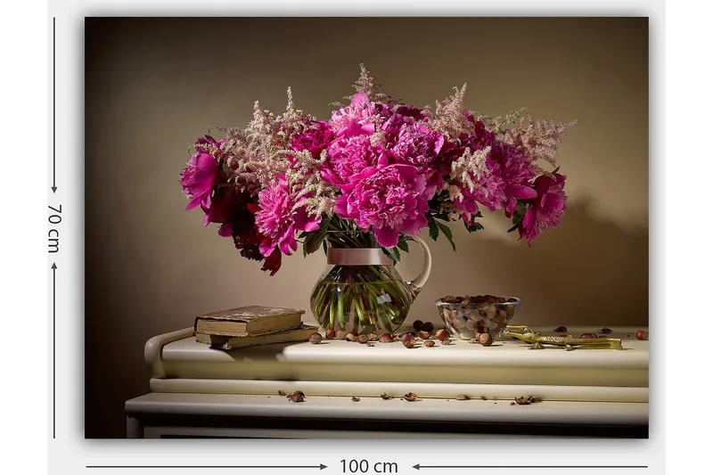 Lerretsbilde 70x100 cm - Vakker bukett med rosa peoner i en glassvase - Rosa / Grønn / Beige - Innredning - Bilder & kunst - Lerretsbilder