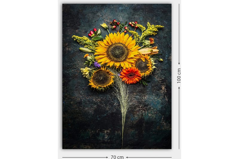 Lerretsbilde 70x100 cm - Vakker bukett med solsikker og fargerike blomster - Gul / Oransje / Grønn - Innredning - Bilder & kunst - Lerretsbilder