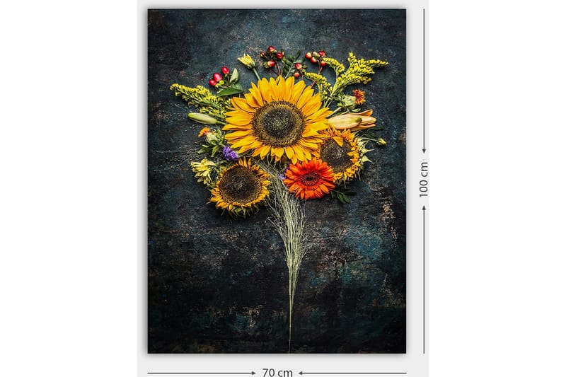 Lerretsbilde 70x100 cm - Vakker bukett med solsikker og fargerike blomster - Gul / Oransje / Grønn - Innredning - Bilder & kunst - Lerretsbilder
