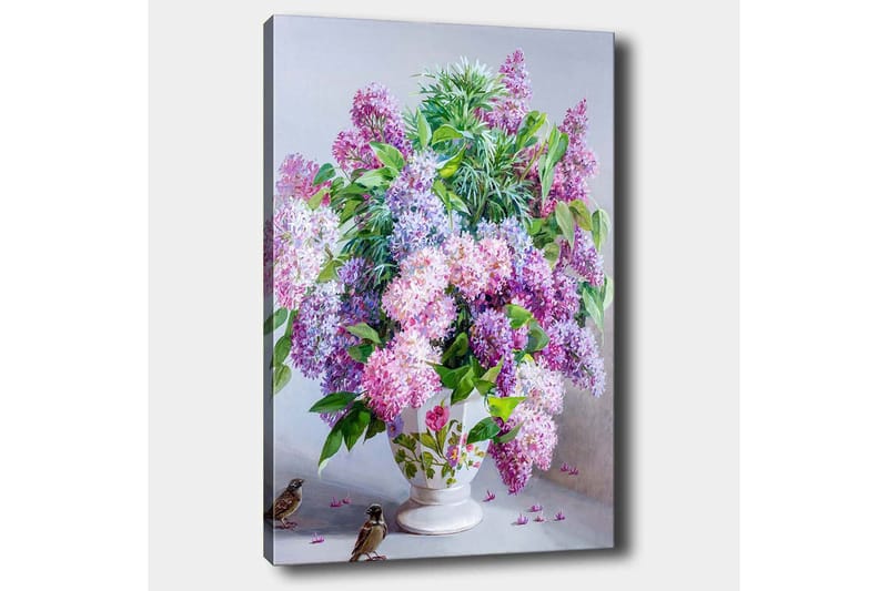 Lerretsbilde 70x100 cm - Vakker bukett med syrinblomster i en hvit vase - Lilla / Grønn / Hvit - Innredning - Bilder & kunst - Lerretsbilder