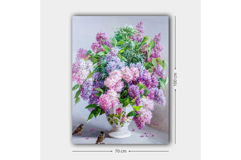 Lerretsbilde 70x100 cm - Vakker bukett med syrinblomster i en hvit vase - Lilla / Grønn / Hvit - Innredning - Bilder & kunst - Lerretsbilder