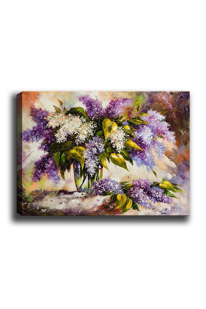 Lerretsbilde 70x100 cm - Vakker bukett med syriner i lilla og hvite nyanser, omgitt av grønne blader - Lilla / Hvit / Grønn - Innredning - Bilder & kunst - Lerretsbilder