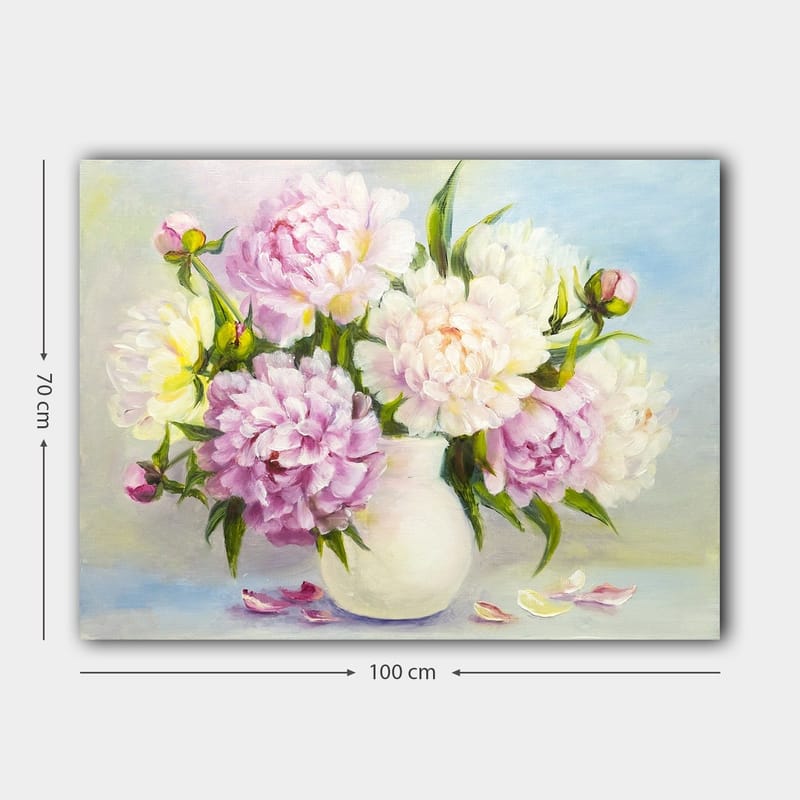 Lerretsbilde 70x100 cm - Vakker bukett med peoner i en hvit vase - Lys rosa / Hvit / Grønn - Innredning - Bilder & kunst - Lerretsbilder