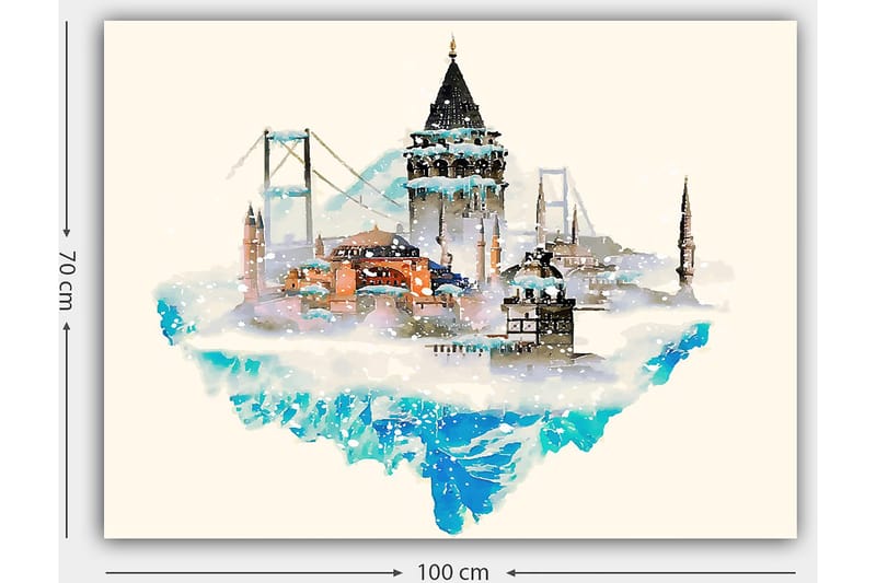 Lerretsbilde 70x100 cm - Vakker bysilhuett med historiske bygninger og broer, omgitt av snø og is - Blå / Oransje / Grå - Innredning - Bilder & kunst - Lerretsbilder