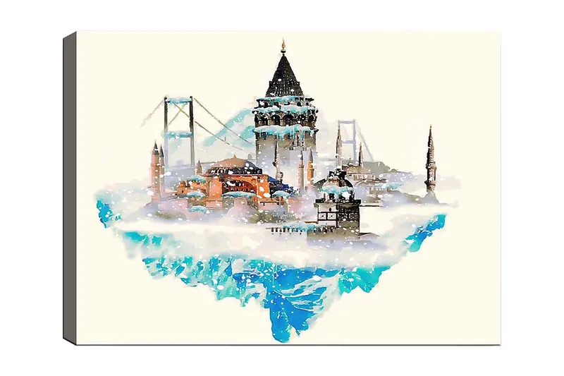 Lerretsbilde 70x100 cm - Vakker bysilhuett med historiske bygninger og broer, omgitt av snø og is, Blå / Oransje / Grå