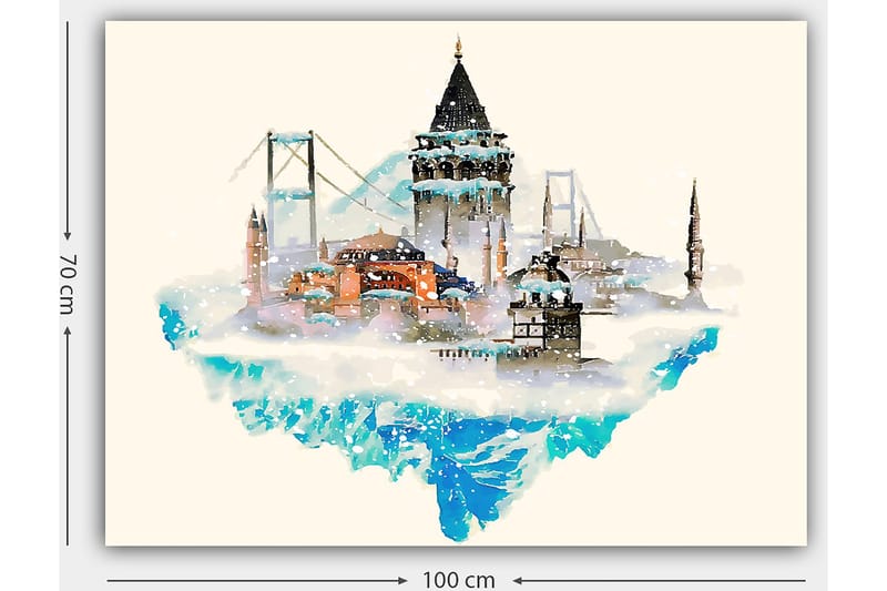 Lerretsbilde 70x100 cm - Vakker bysilhuett med historiske bygninger og broer, omgitt av snø og is - Blå / Oransje / Grå - Innredning - Bilder & kunst - Lerretsbilder