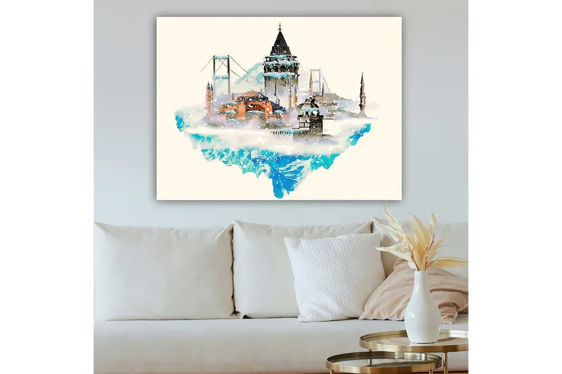 Lerretsbilde 70x100 cm - Vakker bysilhuett med historiske bygninger og broer, omgitt av snø og is - Blå / Oransje / Grå - Innredning - Bilder & kunst - Lerretsbilder