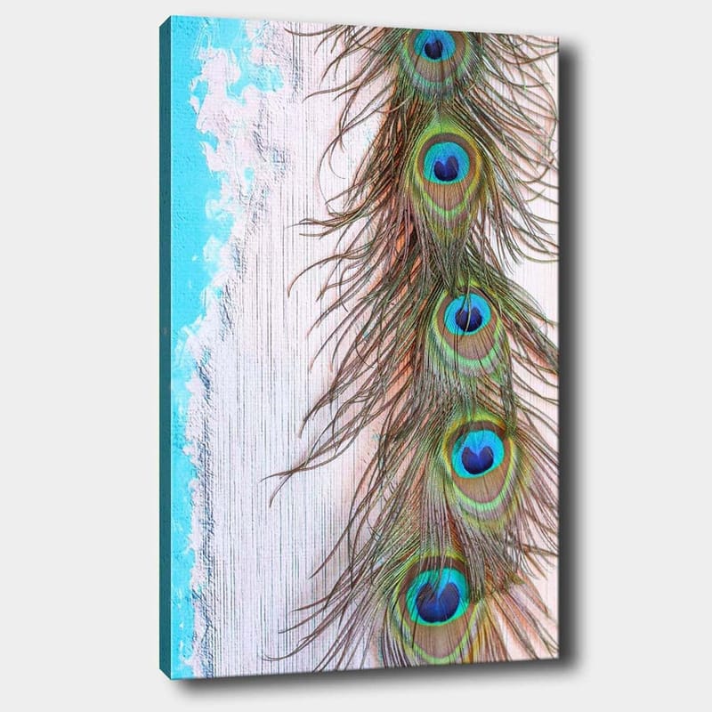 Lerretsbilde 70x100 cm - Vakker fjær fra en påfugl med intense farger og detaljer - Grønn / Blå / Brun - Innredning - Bilder & kunst - Lerretsbilder