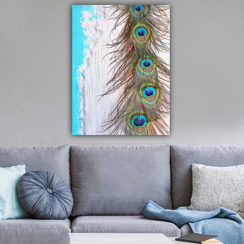 Lerretsbilde 70x100 cm - Vakker fjær fra en påfugl med intense farger og detaljer - Grønn / Blå / Brun - Innredning - Bilder & kunst - Lerretsbilder