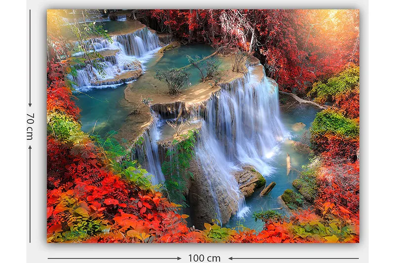 Lerretsbilde 70x100 cm - Vakker foss omgitt av fargerike høstblader - Rød / Grønn / Blå - Innredning - Bilder & kunst - Lerretsbilder