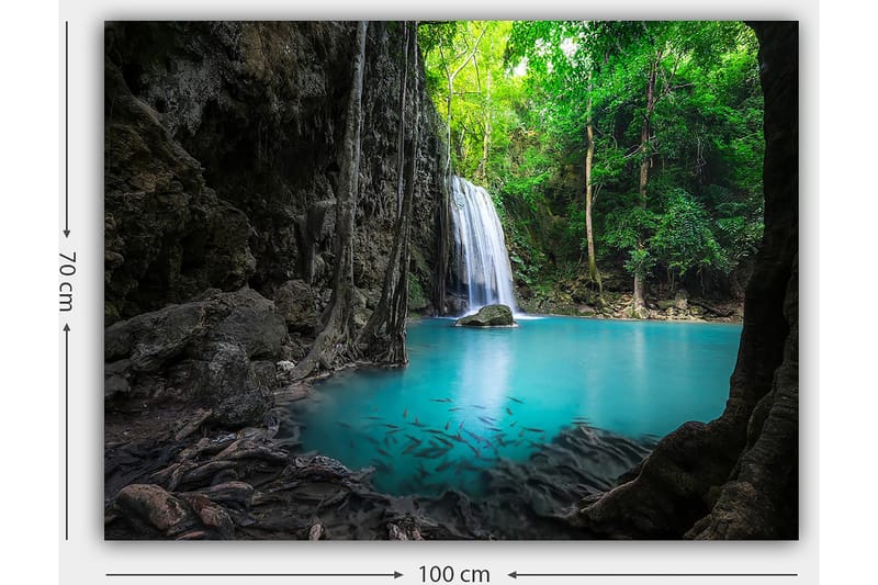 Lerretsbilde 70x100 cm - Vakker foss omgitt av frodig grøntområde og klart turkis vann - Turkis / Grønn / Grå - Innredning - Bilder & kunst - Lerretsbilder
