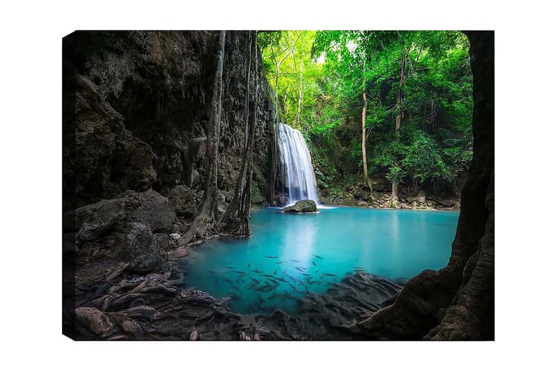 Lerretsbilde 70x100 cm - Vakker foss omgitt av frodig grøntområde og klart turkis vann, Turkis / Grønn / Grå