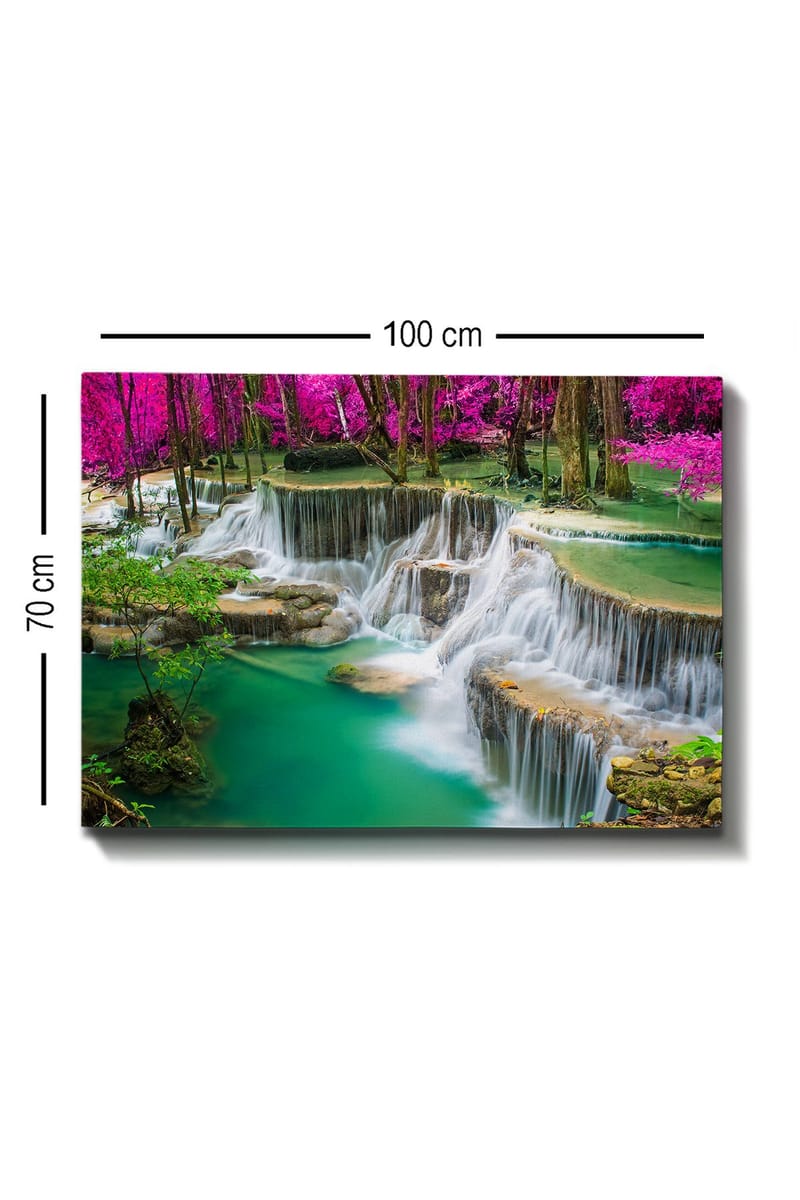 Lerretsbilde 70x100 cm - Vakker foss omgitt av frodig grøntområde og rosa blomster - Turkis / Rosa / Grønn - Innredning - Bilder & kunst - Lerretsbilder