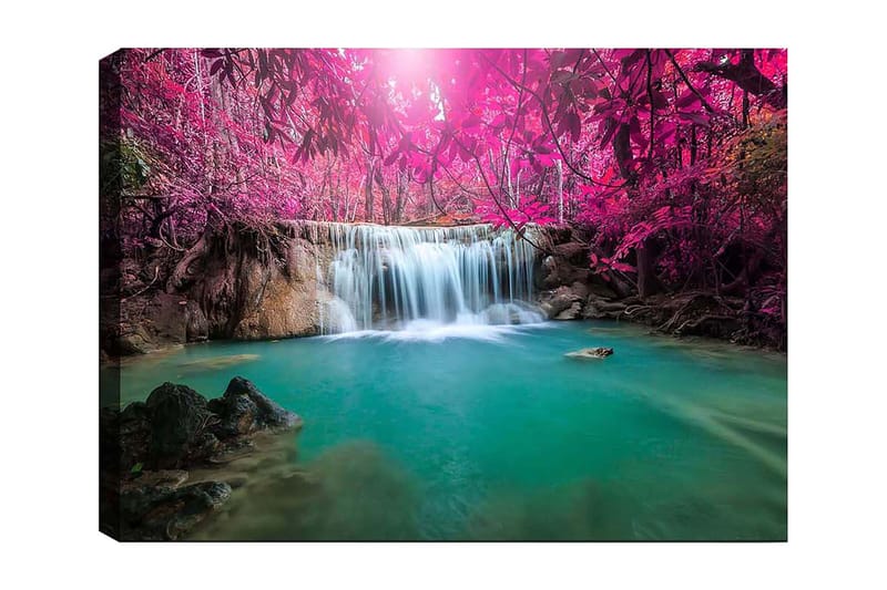 Lerretsbilde 70x100 cm - Vakker foss omgitt av lilla trær og frodig vegetasjon, Lilla / Turkis