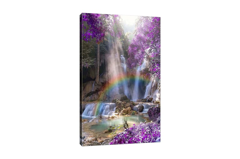 Lerretsbilde 70x100 cm - Vakker fossescene omgitt av lilla blomster og en regnbue, Lilla / Blå / Grønn