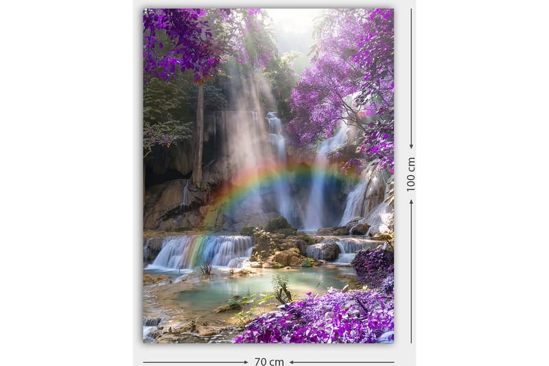 Lerretsbilde 70x100 cm - Vakker fossescene omgitt av lilla blomster og en regnbue - Lilla / Blå / Grønn - Innredning - Bilder & kunst - Lerretsbilder
