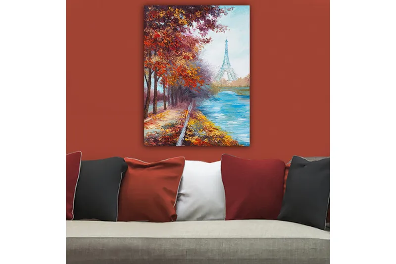 Lerretsbilde 70x100 cm - Vakker høstscene med Eiffeltårnet i bakgrunnen, omgitt av fargerike trær og en glitrende elv - Rød / Blå / Oransje - Innredning - Bilder & kunst - Lerretsbilder