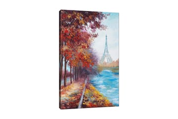 Lerretsbilde 70x100 cm - Vakker høstscene med Eiffeltårnet i bakgrunnen, omgitt av fargerike trær og en glitrende elv - Rød / Blå / Oransje - Innredning - Bilder & kunst - Lerretsbilder