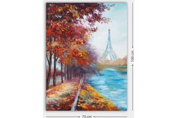 Lerretsbilde 70x100 cm - Vakker høstscene med Eiffeltårnet i bakgrunnen, omgitt av fargerike trær og en glitrende elv - Rød / Blå / Oransje - Innredning - Bilder & kunst - Lerretsbilder