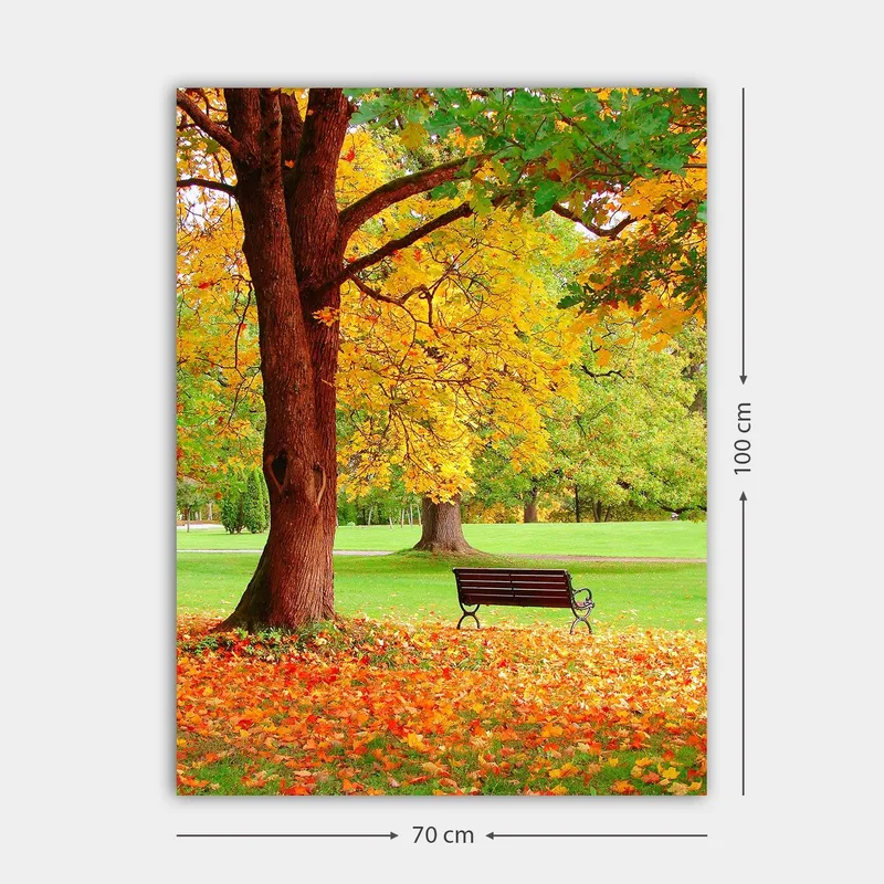 Lerretsbilde 70x100 cm - Vakker høstscene med en benk under et fargerikt tre - Gyllengul / Oransje / Brun - Innredning - Bilder & kunst - Lerretsbilder