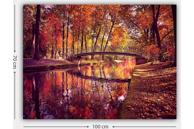 Lerretsbilde 70x100 cm - Vakker høstscene med en bro som spenner over en speilblank vannoverflate omgitt av fargerike trær - Oransje / Rød / Gul - Innredning - Bilder & kunst - Lerretsbilder