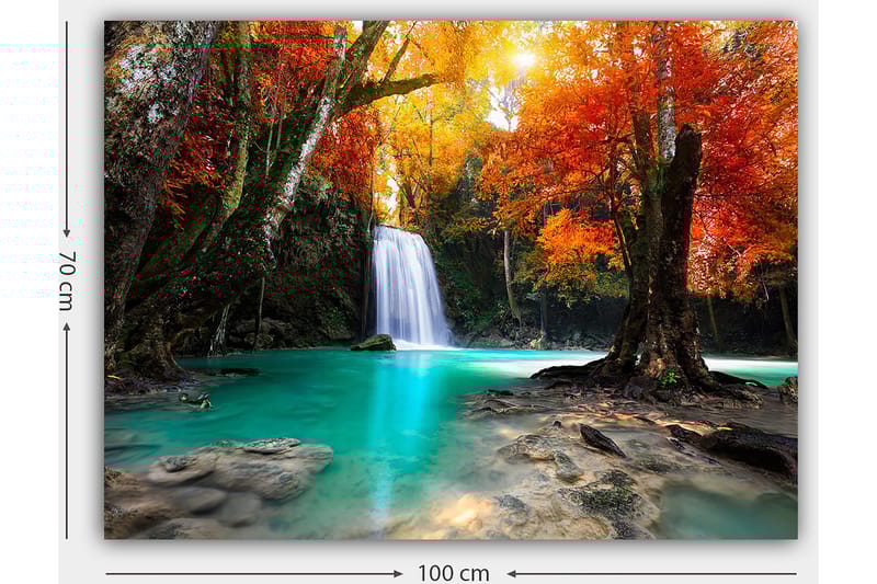 Lerretsbilde 70x100 cm - Vakker høstscene med en foss omgitt av fargerike trær i oransje og røde nyanser - Turkis / Oransje / Rød - Innredning - Bilder & kunst - Lerretsbilder