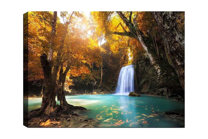 Lerretsbilde 70x100 cm - Vakker høstscene med en foss omgitt av fargerike trær og klart vann, Gyllen oransje / Turkis / Brun