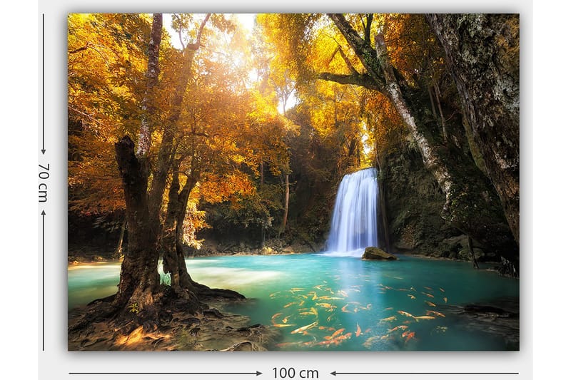 Lerretsbilde 70x100 cm - Vakker høstscene med en foss omgitt av fargerike trær og klart vann - Gyllen oransje / Turkis / Brun - Innredning - Bilder & kunst - Lerretsbilder
