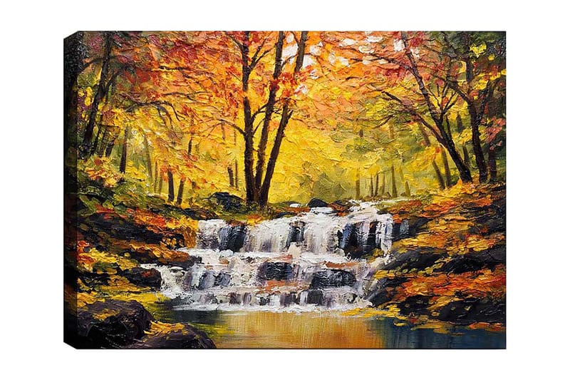 Lerretsbilde 70x100 cm - Vakker høstscene med en rislende foss omgitt av fargerike trær i gult og oransje - Gul / Oransje / Brun - Innredning - Bilder & kunst - Lerretsbilder