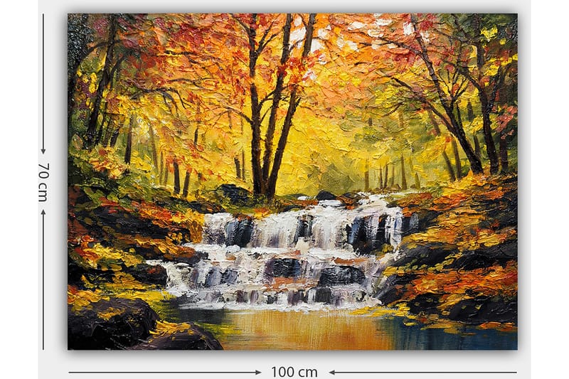 Lerretsbilde 70x100 cm - Vakker høstscene med en rislende foss omgitt av fargerike trær i gult og oransje - Gul / Oransje / Brun - Innredning - Bilder & kunst - Lerretsbilder