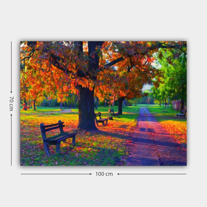 Lerretsbilde 70x100 cm - Vakker høstscene med fargerike trær og benker i en park - Oransje / Grønn / Brun - Innredning - Bilder & kunst - Lerretsbilder