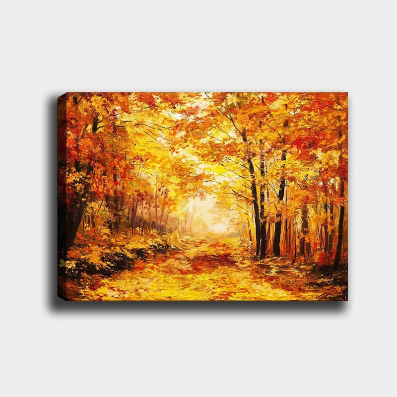 Lerretsbilde 70x100 cm - Vakker høstskog med gylne og oransje blader som skaper en varm og innbydende atmosfære, Gull / Oransje / Rød