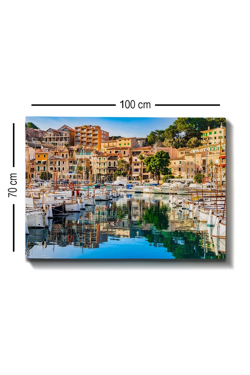 Lerretsbilde 70x100 cm - Vakker havn med seilbåter og fargerike hus ved vannet - Blå / Grønn / Oransje - Innredning - Bilder & kunst - Lerretsbilder