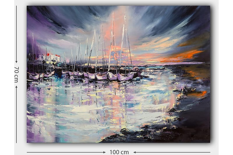 Lerretsbilde 70x100 cm - Vakker havn med seilbåter speilet i vannet under en fargerik solnedgang - Lilla / Blå / Oransje - Innredning - Bilder & kunst - Lerretsbilder