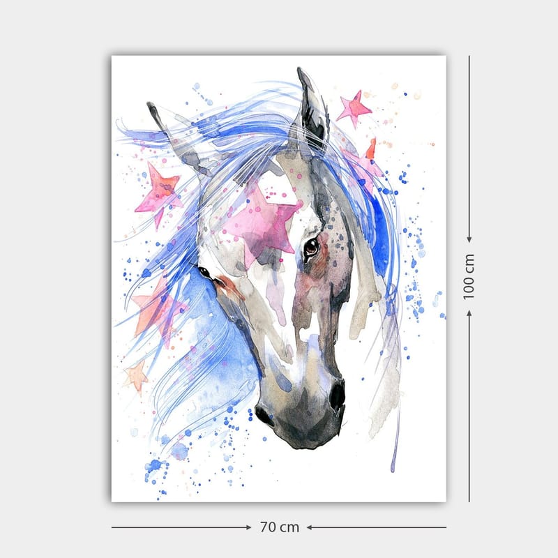Lerretsbilde 70x100 cm - Vakker hest med en flagrende blå man og rosa stjerner som fremhever motivet - Blå / Grå / Rosa - Innredning - Bilder & kunst - Lerretsbilder