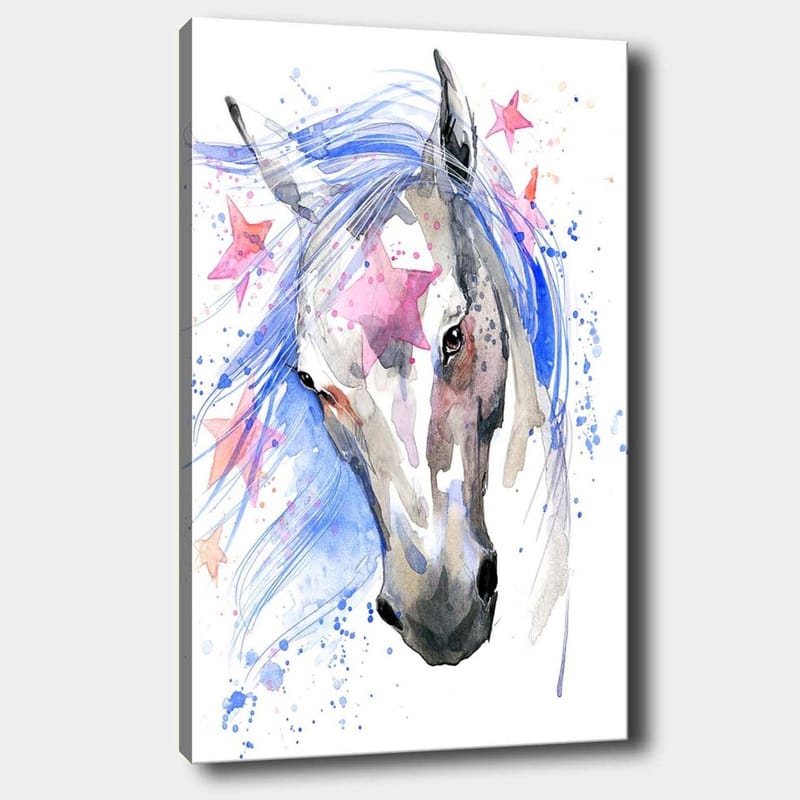 Lerretsbilde 70x100 cm - Vakker hest med en flagrende blå man og rosa stjerner som fremhever motivet - Blå / Grå / Rosa - Innredning - Bilder & kunst - Lerretsbilder